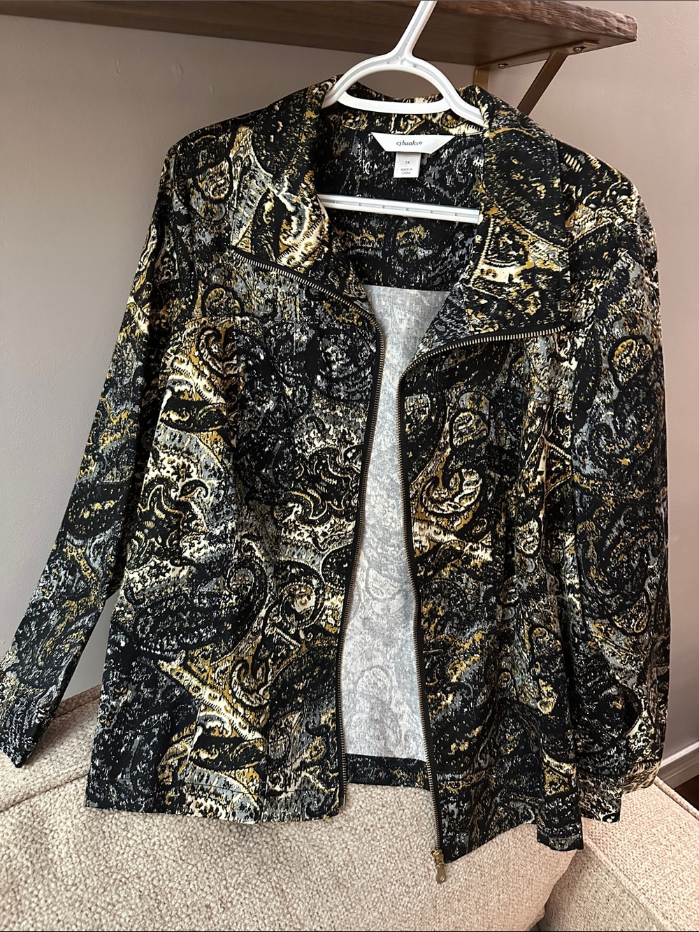 CJ Banks Black and Gold Paisley Zip Jacket